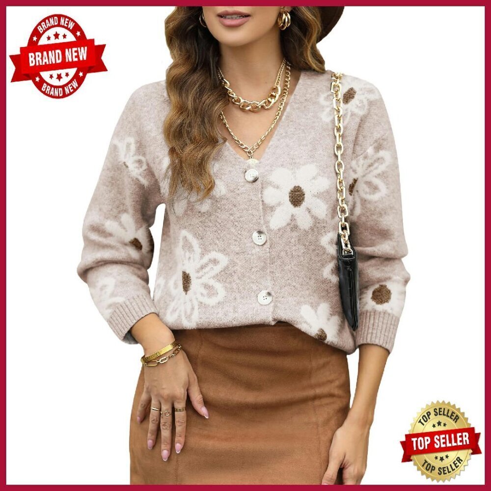 Floral V-Neck Cardigan Sweater Long Sleeve Open Front Knit